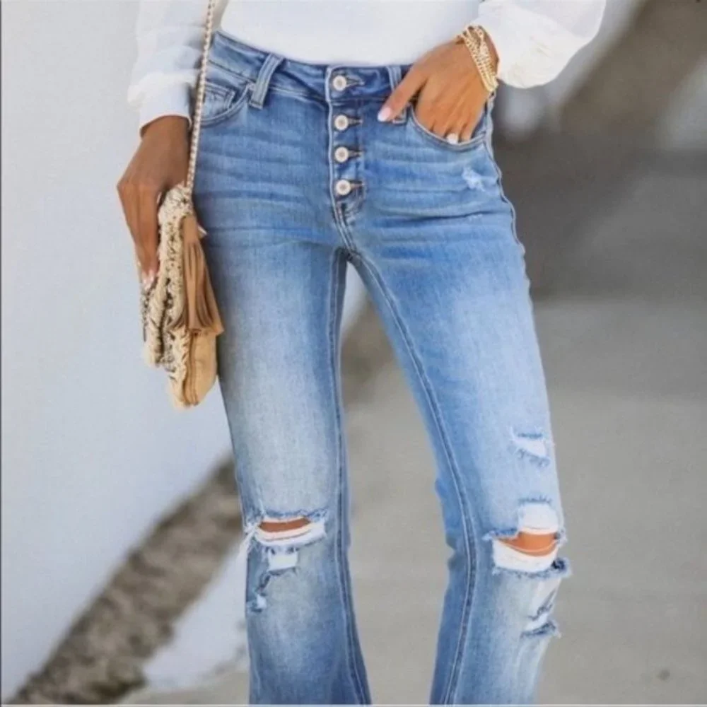 New Kan Can Distressed Button Fly Flare Leg Jeans - Picture 13 of 16